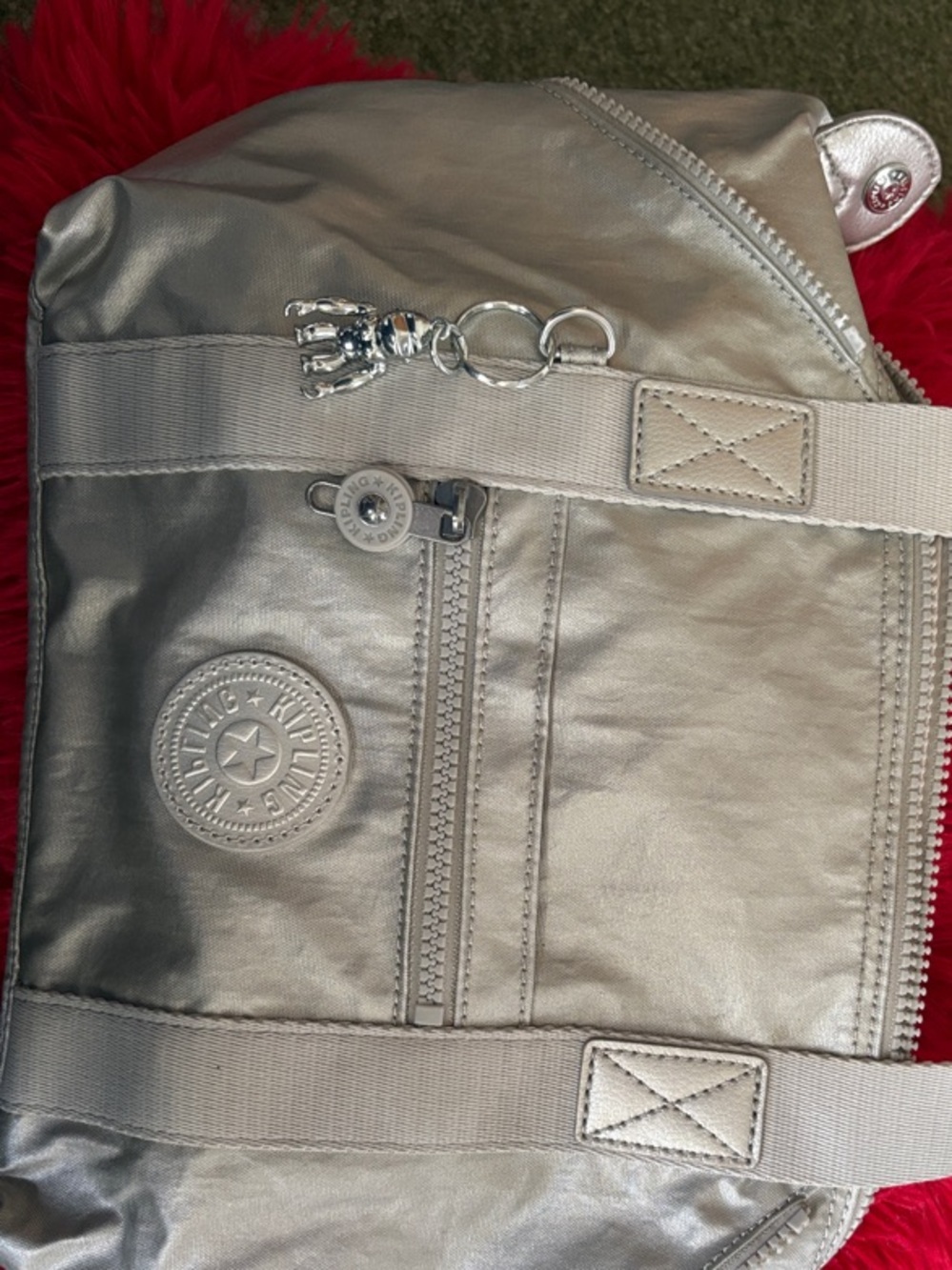 Kipling Shiny Metallic Silver Mini Satchel Bag Monkey Keychain - Picture 5 of 7